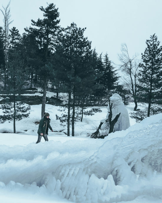 person in black jacket walking on snow covered ground during daytime