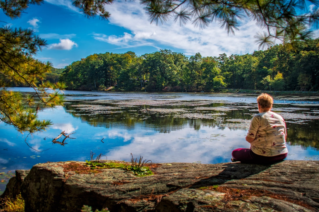 a person sitting on a rock looking at a lake