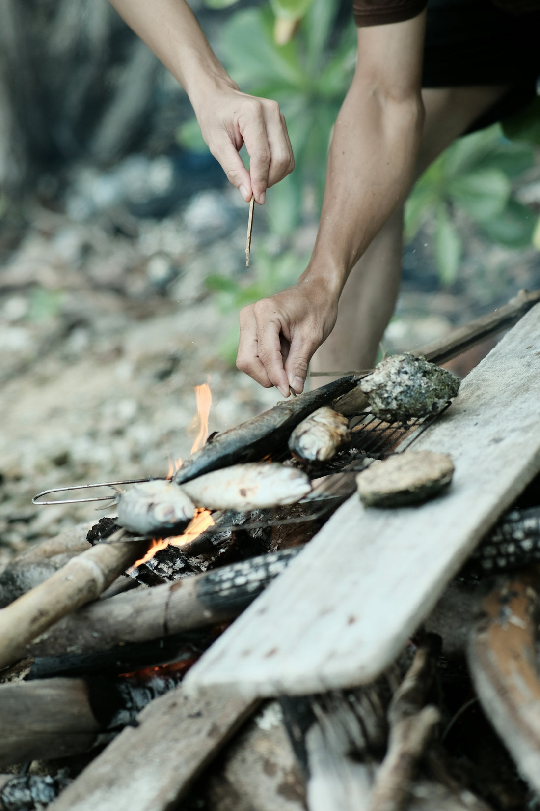 a person lighting a match on a campfire