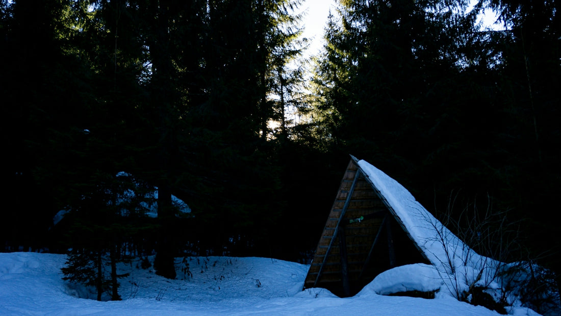 a tent in the snow with trees in the background