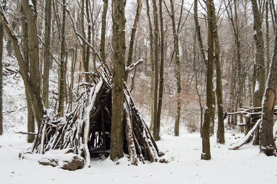 a teepee in the middle of a snowy forest