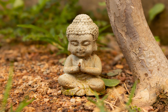 A small buddha statue sitting next to a tree