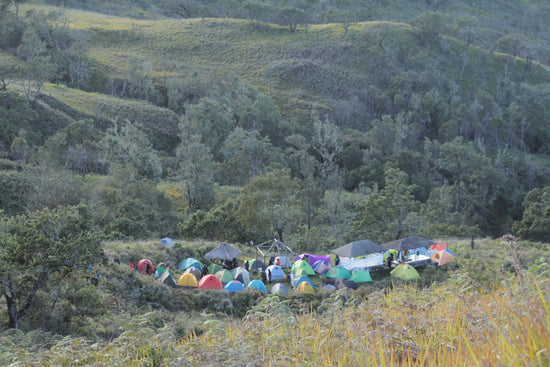 Tents are set up in a scenic, grassy landscape.