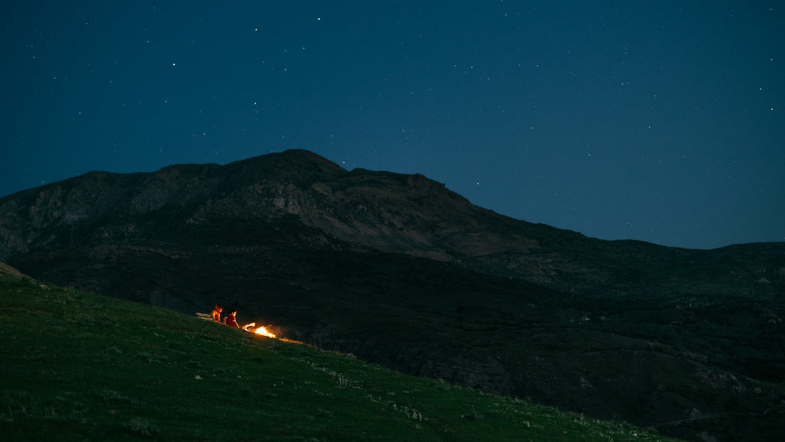 Campfire on a grassy hill under a starry night sky.