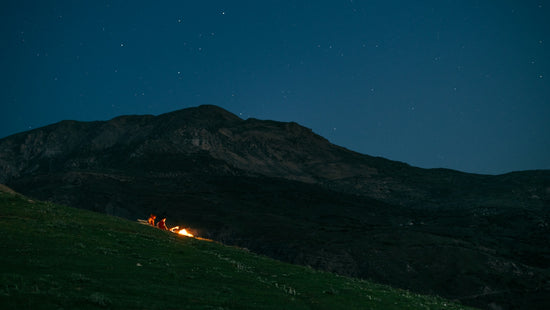Campfire on a grassy hill under a starry night sky.