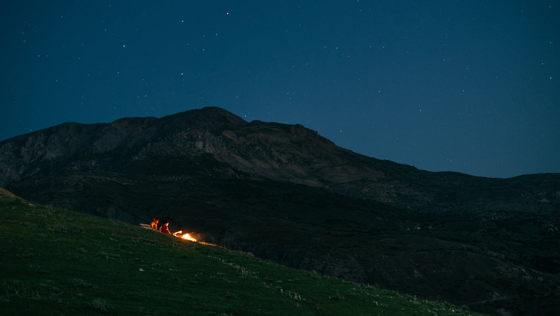 Campfire on a grassy hill under a starry night sky.