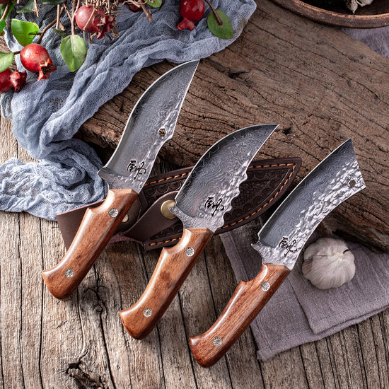Damascus Steel Knife - 10Cr15MoV with Wood Handle & Leather Sheath (3 Styles, 134-150g)