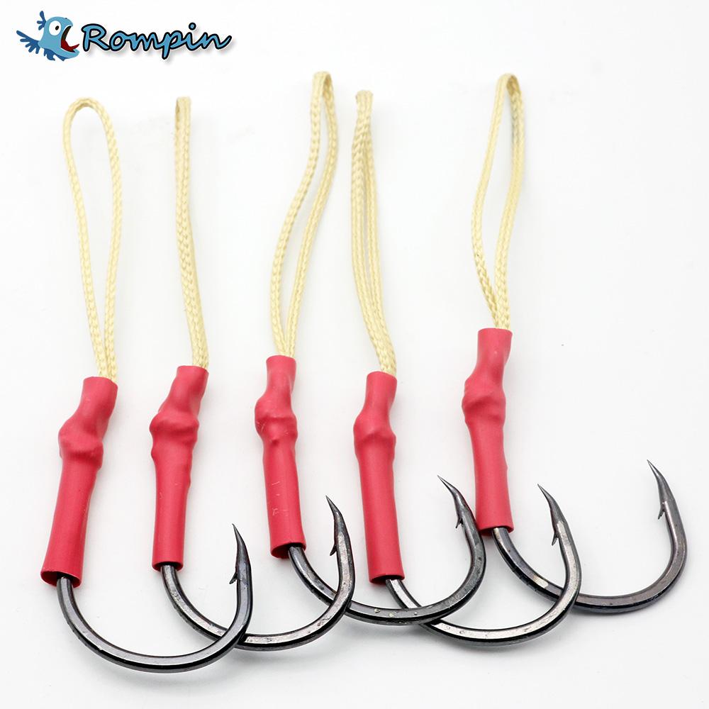 Five black barbed fishing hooks with red shrink tubing connecting them to loops of light yellow PE assist line. The "Rompin" logo is visible in the upper left corner.
