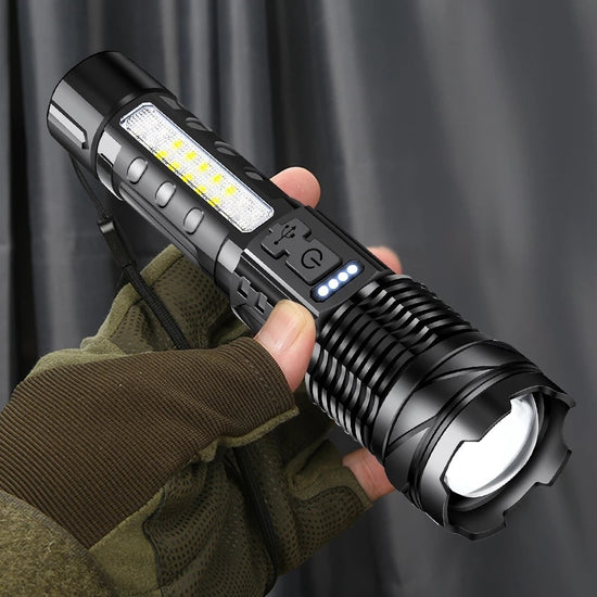 High-Power Rechargeable Tactical Flashlight - 30W Telescopic Zoom LED Torch (P50, 1500mAh)