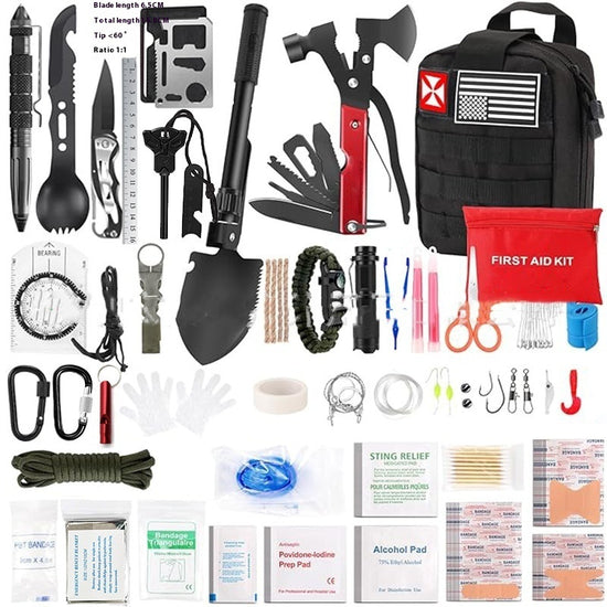 First Aid & Survival Tools Kit - Complete Emergency Medical & Tactical Gear Set (205mm Case)