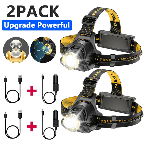 Rechargeable LED Headlamp - Zoom Focus Q5 Head Torch with 3 Modes (Bright/Dim/SOS) - 2-Pack